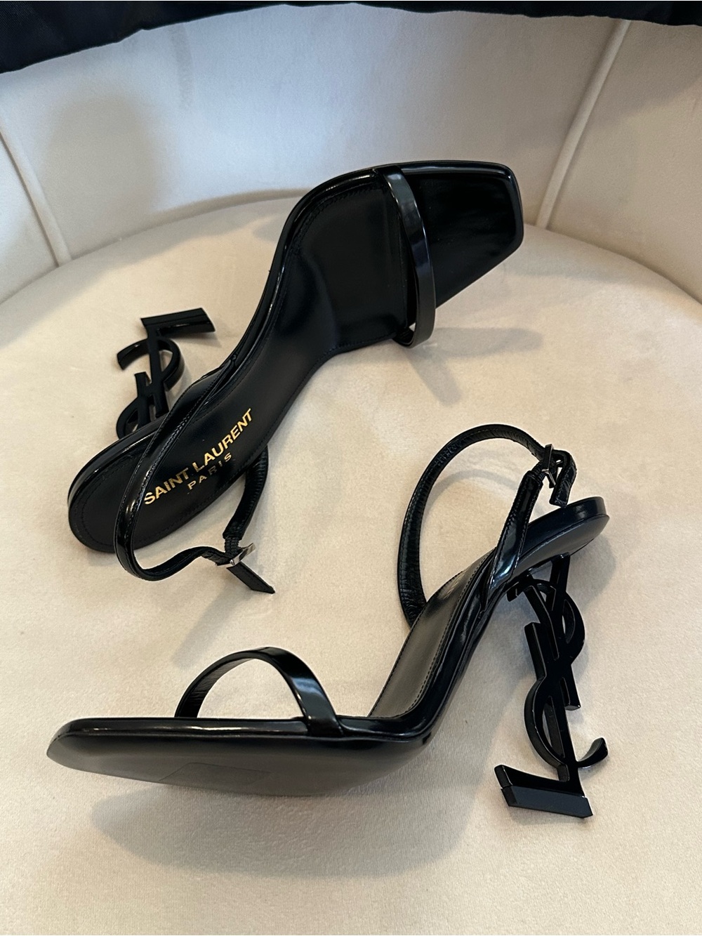 Saint Laurent Black Patent Opyum Logo-Heel Sandals